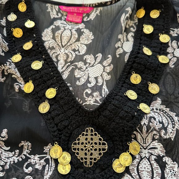 Sunny Leigh Tunic Cover Up Boho Beach Pool Flowy Black Gold Coins Resort Wear 1X - Picture 2 of 8
